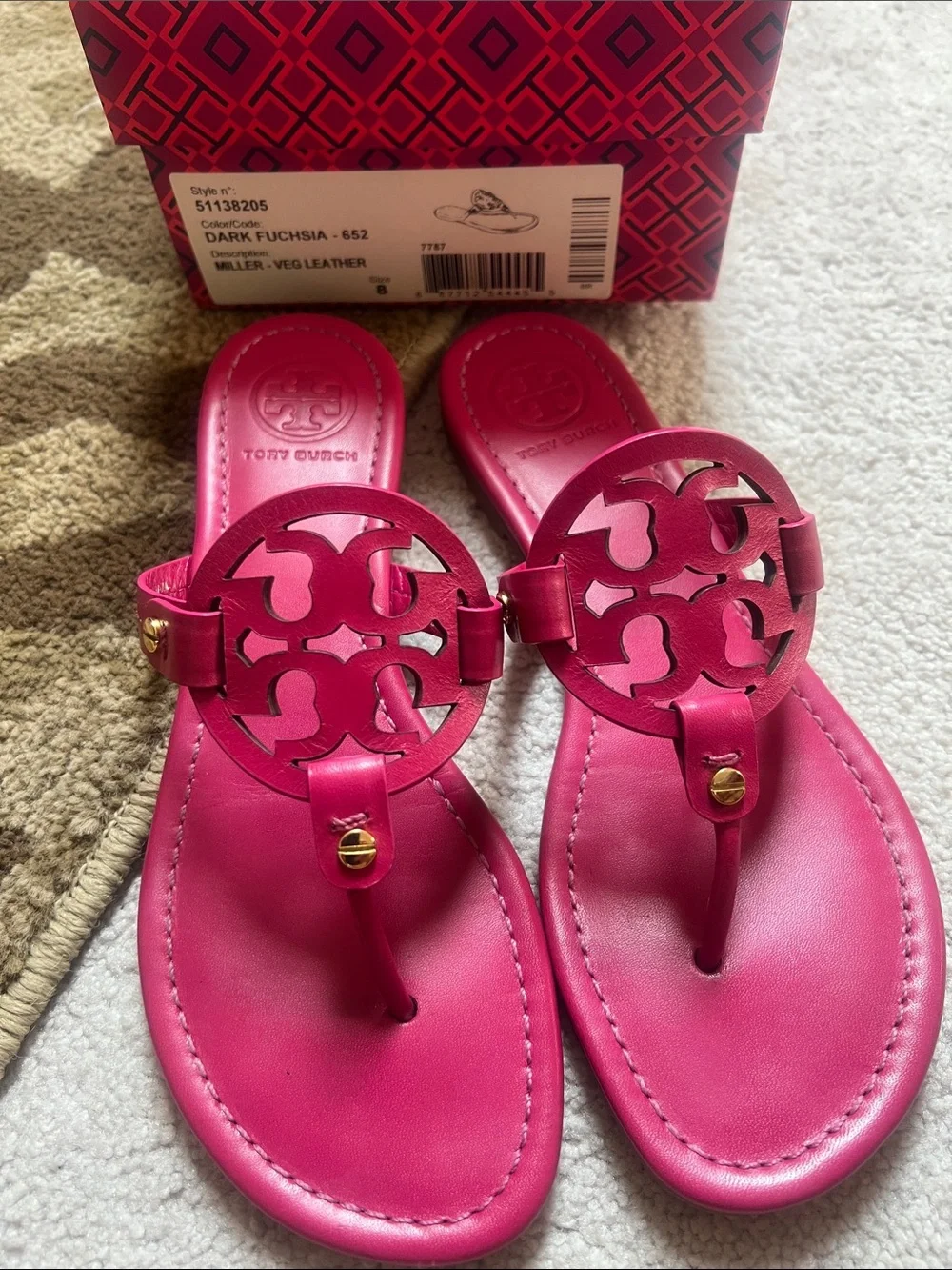 Tory Burch Hot Pink Miller Leather Thong Sandals
